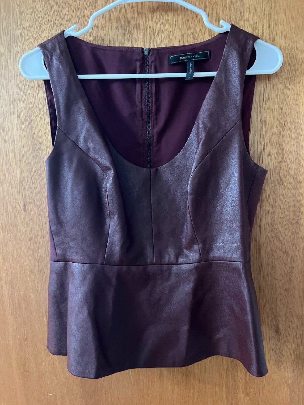 BCBGMAXAZRIA "Tori" Burgundy Faux Leather Peplum Top
